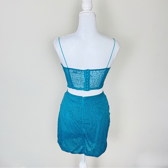 Oh Polly ‘Own The Night’ Emerald Rhinestone Corset Top & Mini Skirt Set - Picture 3 of 16